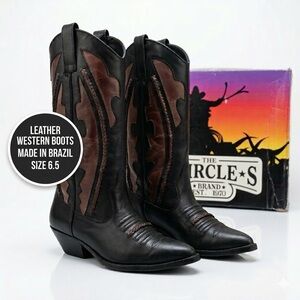 Vintage Circle S Leather Cowgirl Boots Black Brown Brazil Sniptoe Western Boho